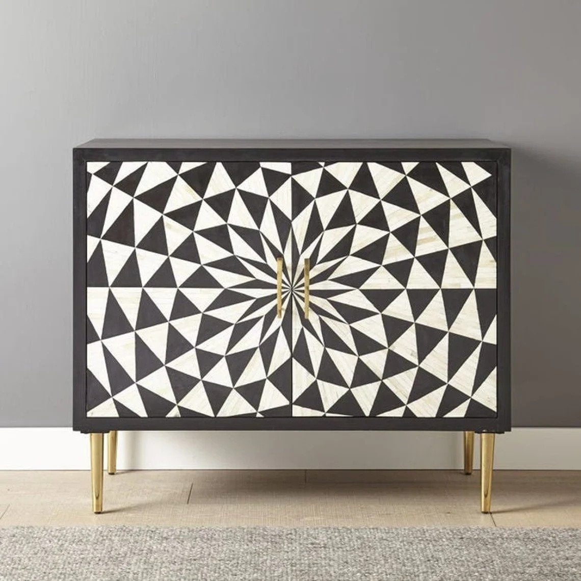 Handmade Black and White Bone Inlay Entryway Bar Cabinet with Two Doors - Stylish Storage for Liquor, Glassware & Home Decor in Hallway, Living Room or Dining Area