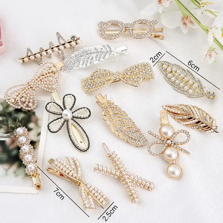 Korean Style Rhinestone & Pearl Geometric Hair Clips for Women - Elegant Metal Barrettes & Hairpins (6-Pack, Golden) - Perfect for Weddings, Parties & Everyday Fashion Accessories