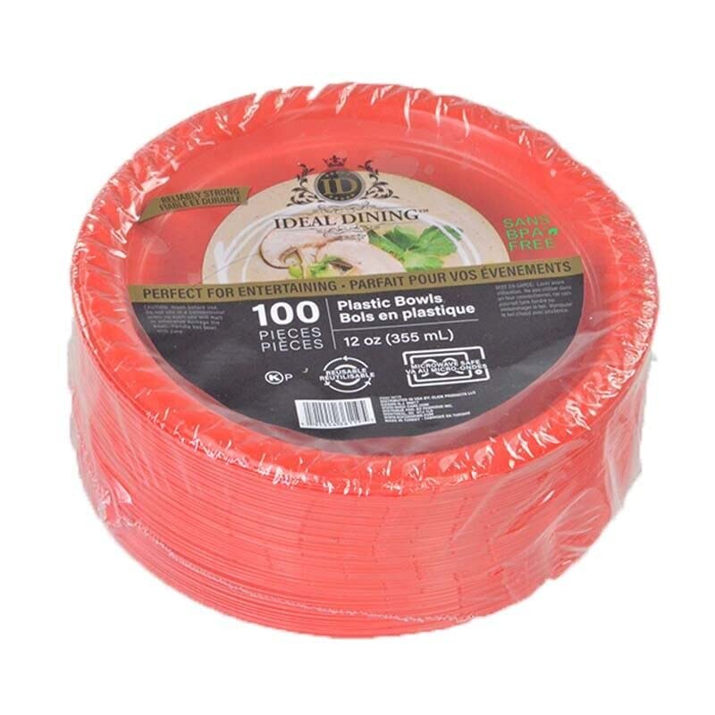 50 Pack Red 12oz Plastic Disposable Bowls - Sturdy & Lightweight for Parties, Picnics, BBQs, and Catering Events