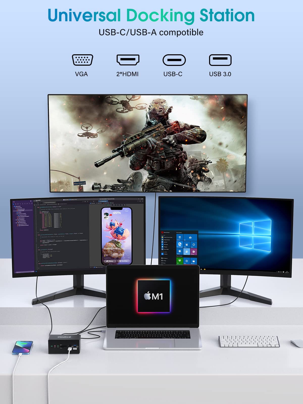 14-in-1 USB C Docking Station with Quad Monitor Support - Thunderbolt 3 Hub for MacBook Pro/Air & Windows Laptops - 2xHDMI, VGA, PD 3.0, Ethernet, 4 USB Ports, SD/TF Card Readers, Audio - Perfect for Home Office, Gaming & Multi-Tasking Workspaces