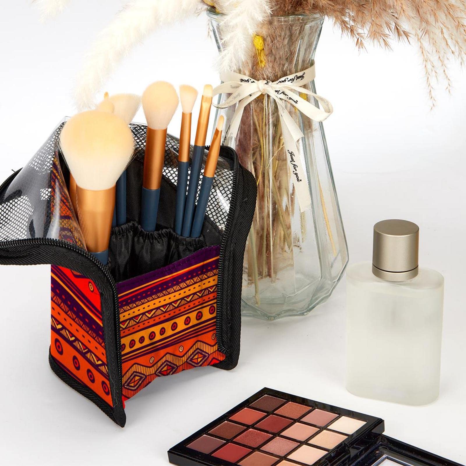 12-Piece Makeup Brush Organizer Bag - Mexican Ethnic Boho Style Portable Makeup Brush Holder Case for Travel & Home Storage | Perfect for Makeup Artists & Beauty Enthusiasts