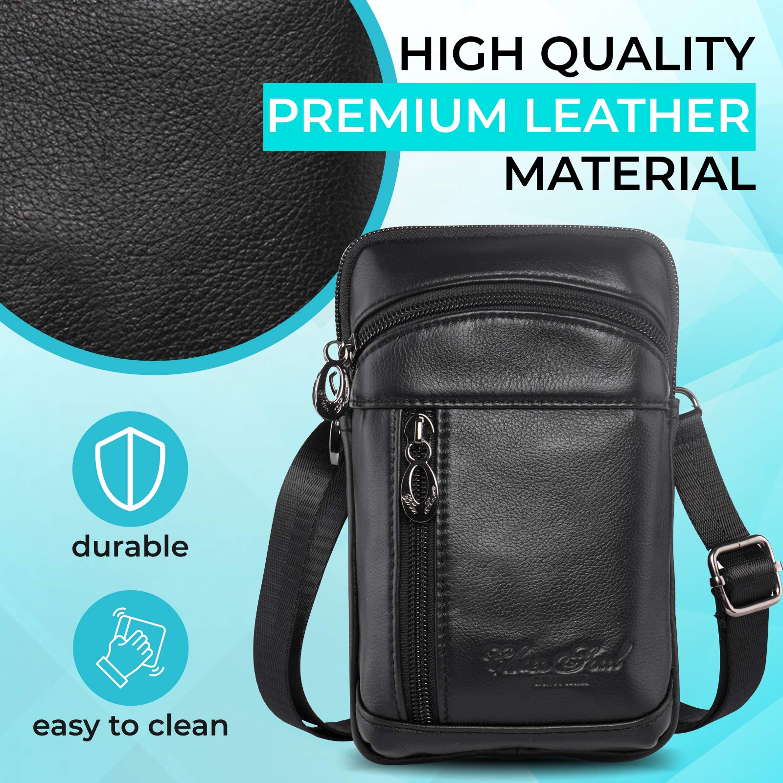 Hengwin Men's Leather Crossbody Shoulder Bag - Belt Clip Phone Holster Case with Waist Strap - Fits iPhone 16/15/14/13 Pro Max, Galaxy S24/S23 Ultra, Note 9/8 - Perfect for Hiking, Travel & Everyday Carry (Black)