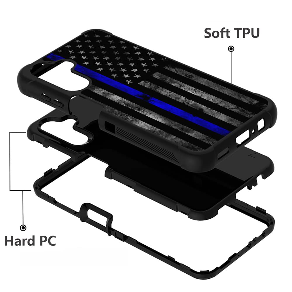 Galaxy A13 5G Case - Heavy Duty 3-in-1 Hybrid Hard PC & Soft Silicone Shockproof Protective Cover for Samsung Galaxy A13 5G - Thin Blue Line USA Flag Design - Perfect for Outdoor Activities, Work & Daily Use