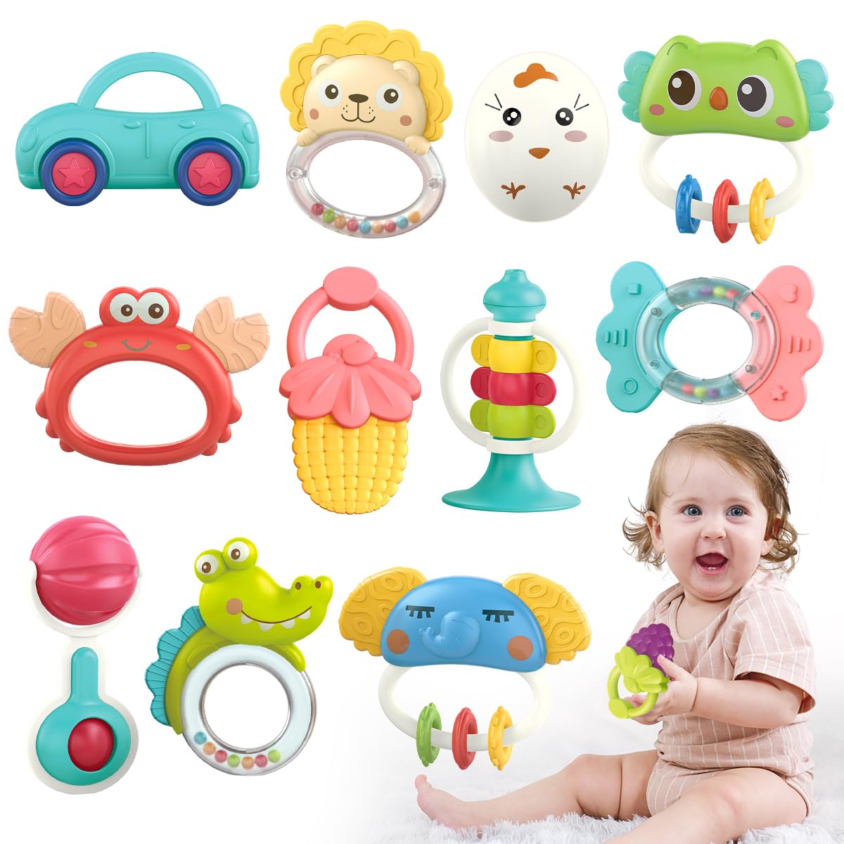 Qizebaby 12PCS Baby Rattles & Teething Toys Set for 0-12 Months - Sensory Learning Toys with Music, Shaker, Grab & Spin Features - Perfect for Newborns, Infants, Toddlers (Boys & Girls) - Great for Early Development, Playtime & Soothing Teething Pain