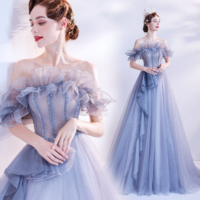 Elegant Blue Off-Shoulder Long Prom Dress with Tulle Skirt - Formal Evening Gown for Homecoming, Wedding & Special Occasions | Size 150