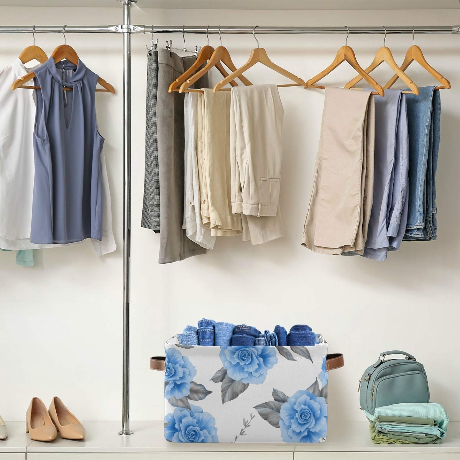Floral Blue Roses Foldable Storage Bins - 2 Pack Collapsible Fabric Baskets with PU Handles for Home Organization | Shelves, Closet, Bedroom & Living Room Storage Solutions | Space-Saving Decorative Bins for Laundry, Toys & Blankets