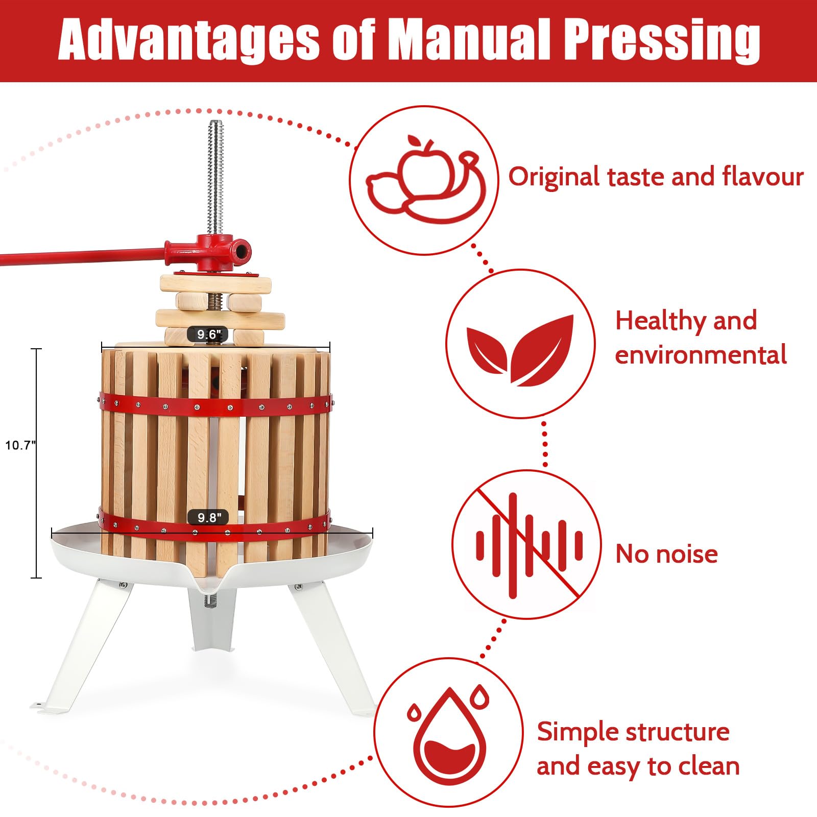 3.2 Gallon Manual Fruit Wine Press - Wood & Steel Cider Press with T-Handle, Stable Triangular Base for Home Brewing, Juice Extraction - Perfect for Apples, Grapes, Berries in Kitchen, Garden & Outdoor Use