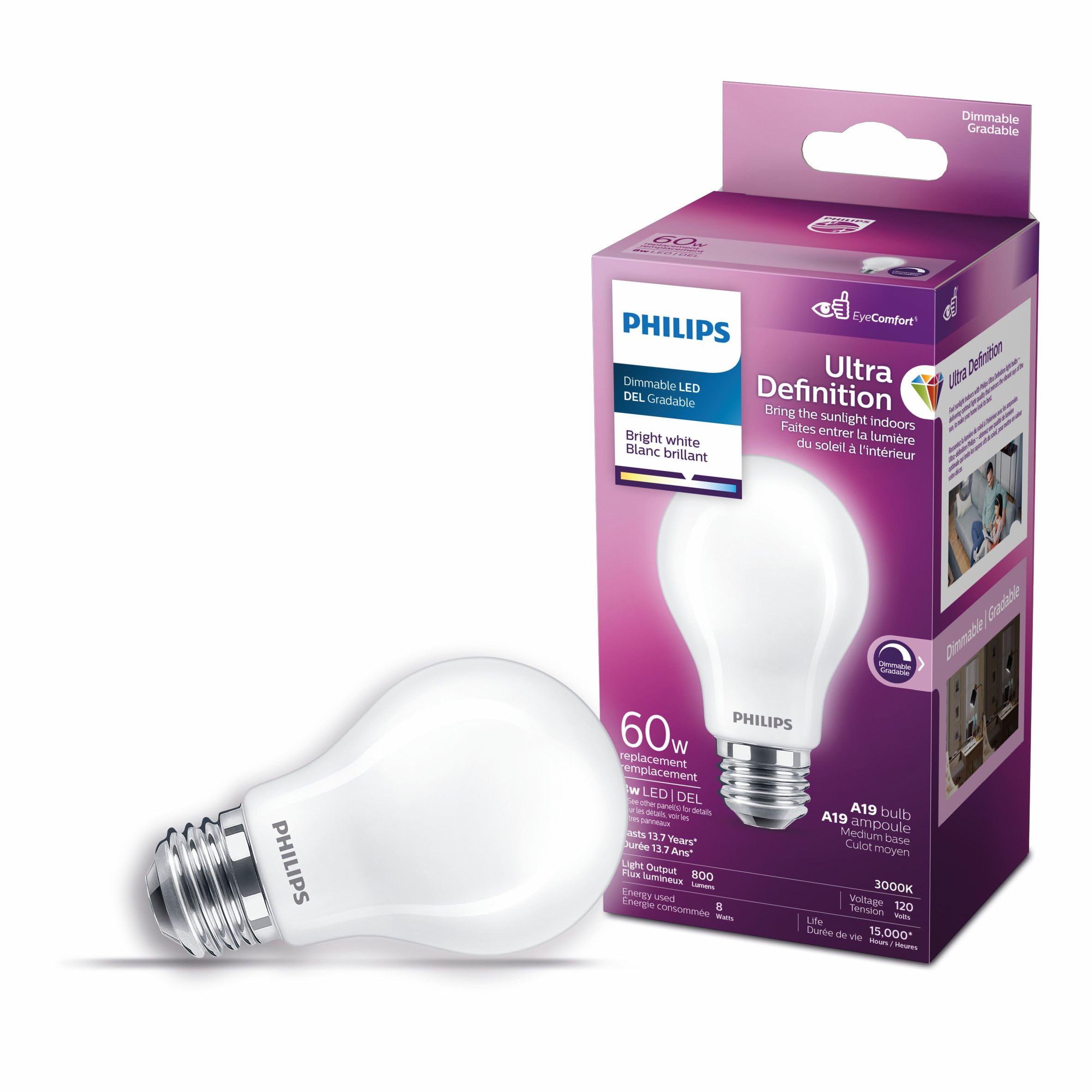Philips Ultra Definition LED 60W A19 Light Bulb - Energy Efficient Bright White Frosted Glass Bulb for Home, Office & Bedroom Lighting