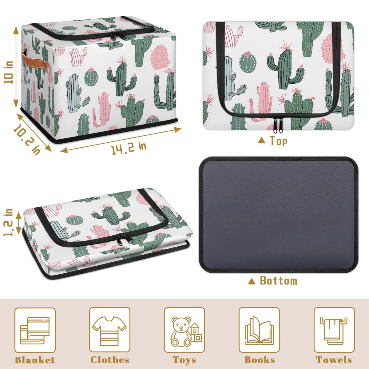Foldable Fabric Storage Bins with Lids - Stackable Closet Organizer for Clothes, Toys, Blankets | Dustproof Collapsible Storage Cubes for Bedroom, Nursery, Office & Home Organization (Cactus Design)