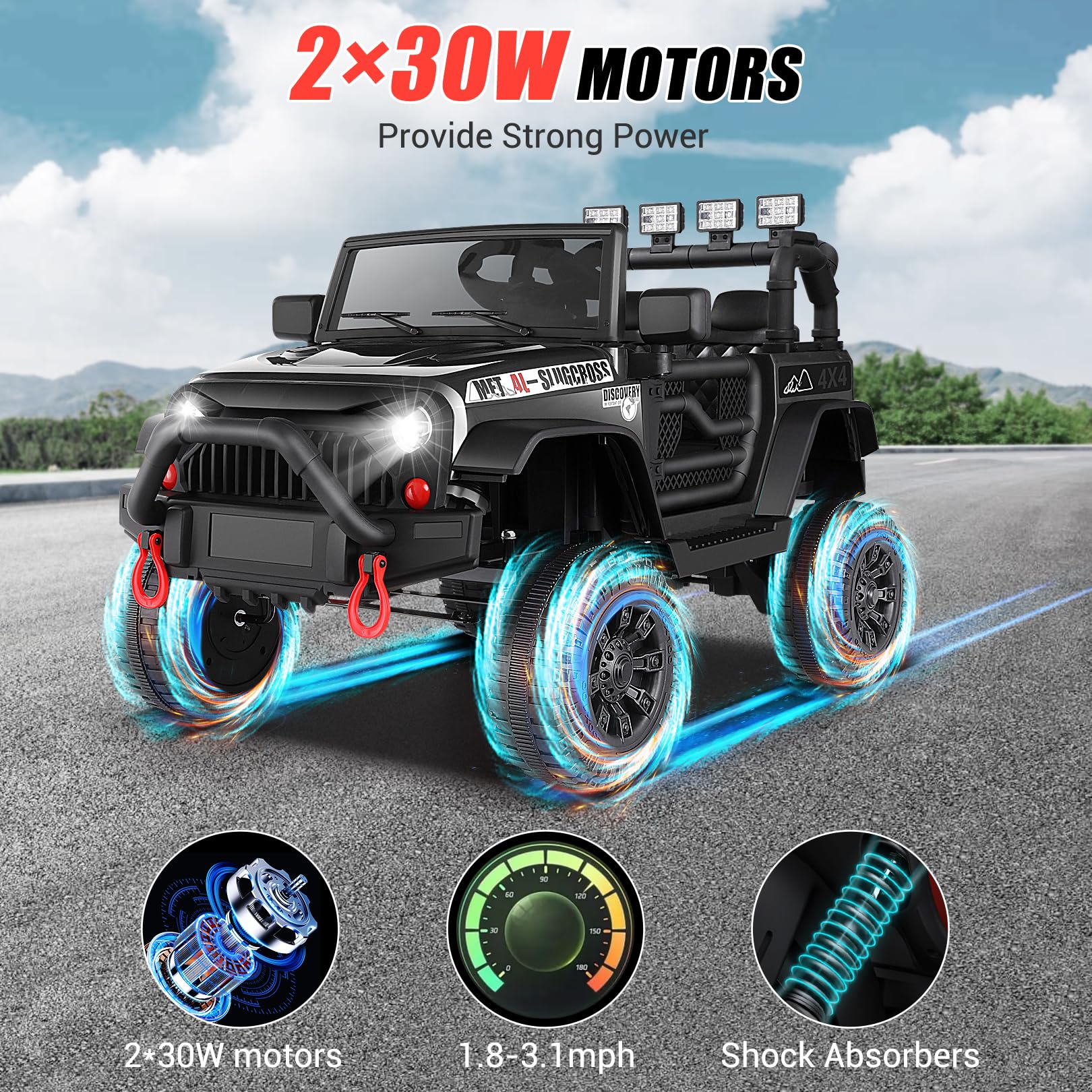 Hikole 12V Electric Ride-On Car for Kids with Parent Remote Control, Spring Suspension, LED Headlights & Bluetooth - Multi-Terrain Kids Toy Car with Digital Dashboard & Easy Towing - Perfect Birthday Gift for Boys & Girls (Black) - Great for Outdoor Play, Backyard Fun & Neighborhood Adventures