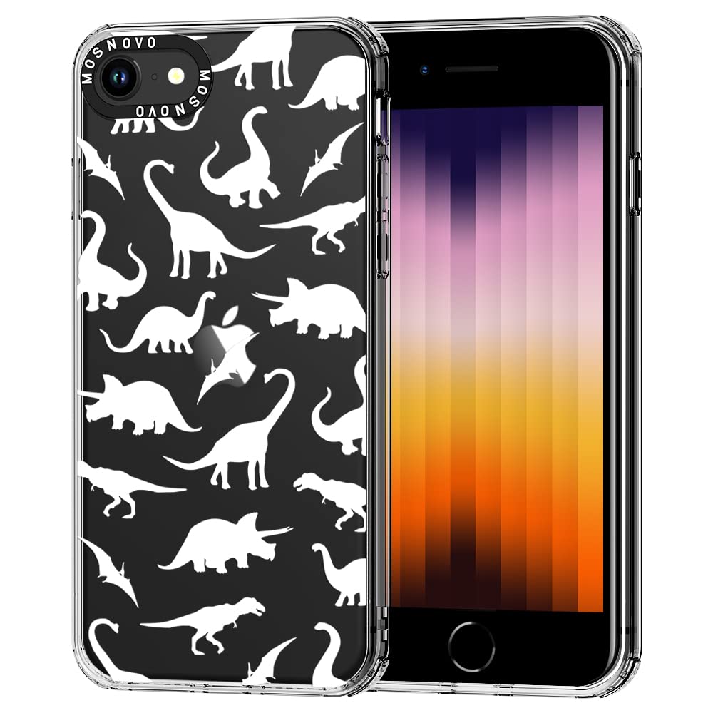 MOSNOVO White Dinosaur Design Shockproof TPU Case for iPhone SE 2022/SE 3/SE 2020/8/7 - Clear Bumper Back Cover - Perfect for Kids, Teens and Dinosaur Lovers