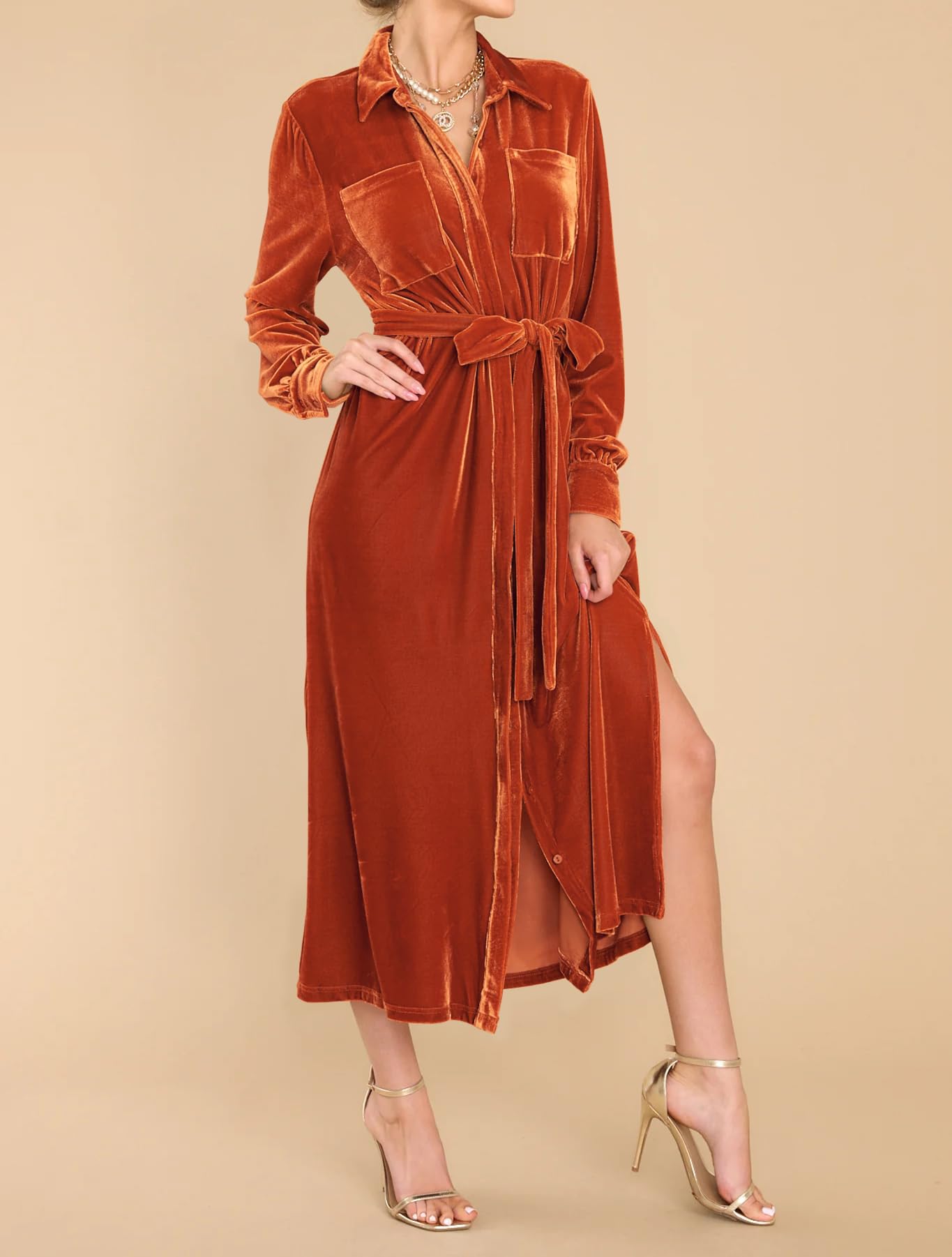 R.Vivimos Women's Velvet Button Down Midi Dress with Belt - Long Sleeve Loose Casual Fall Dress with Side Slit | Perfect for Office, Date Night & Autumn Outings