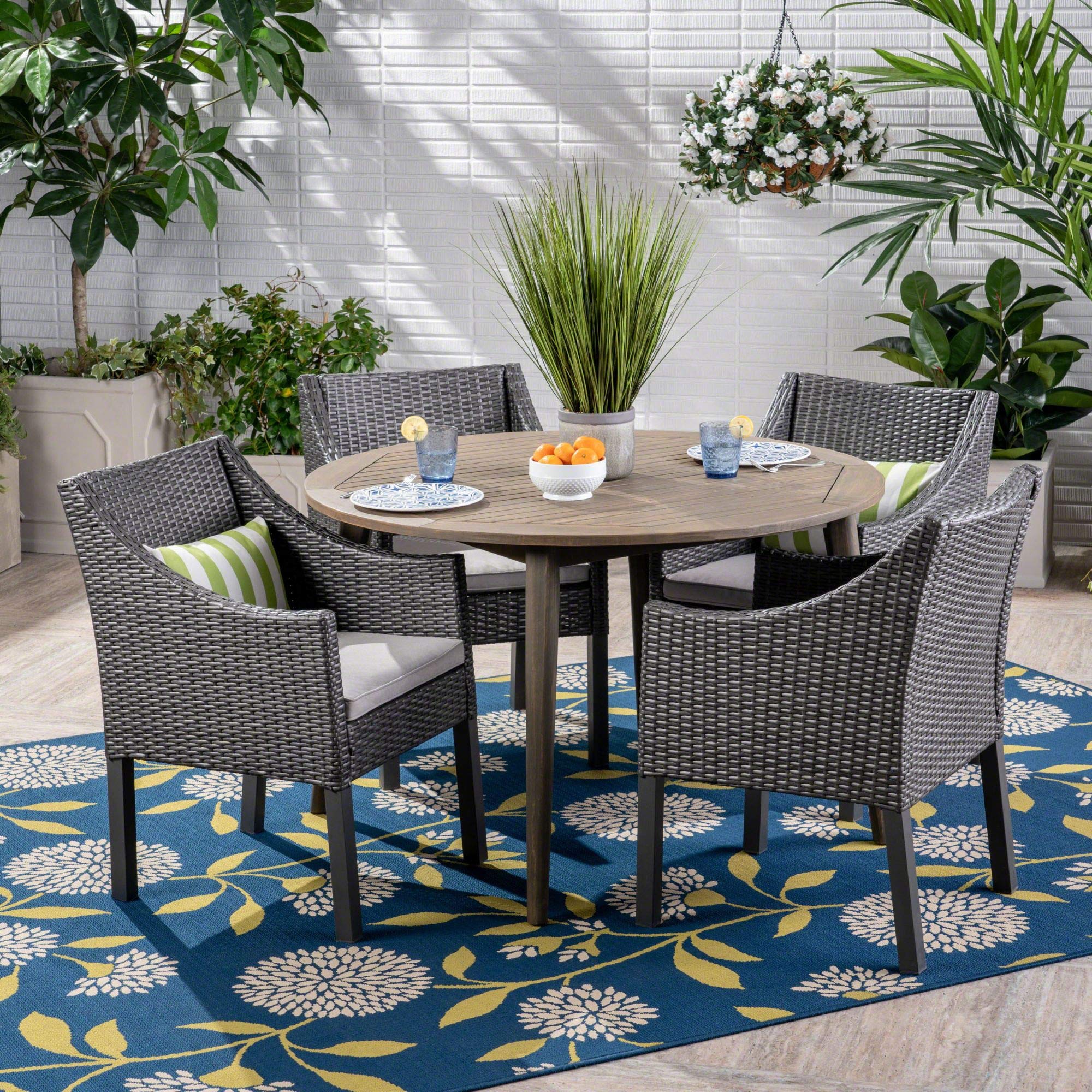 5-Piece Gray Wicker Round Outdoor Patio Dining Set with Silver Cushions - Modern Rattan Furniture for Garden, Poolside & Backyard Entertaining
