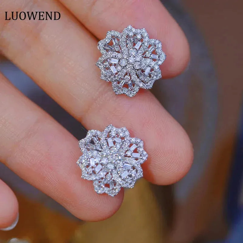 18K White Gold Diamond Stud Earrings for Women - 0.90ct Natural Real Diamonds, Romantic Flower Design Wedding Jewelry | Perfect for Bridal, Anniversary Gifts & Special Occasions