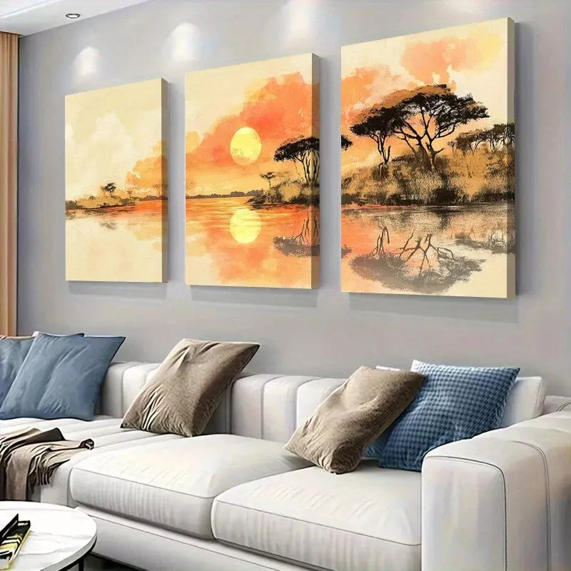 3-Piece Serene Nature African Sunset Landscape Wall Art Set - Framed Canvas 40x60cm (16x24in) - High Quality Print - 100% Australian Made - Ready to Hang - Perfect for Living Room, Bedroom & Office Decor