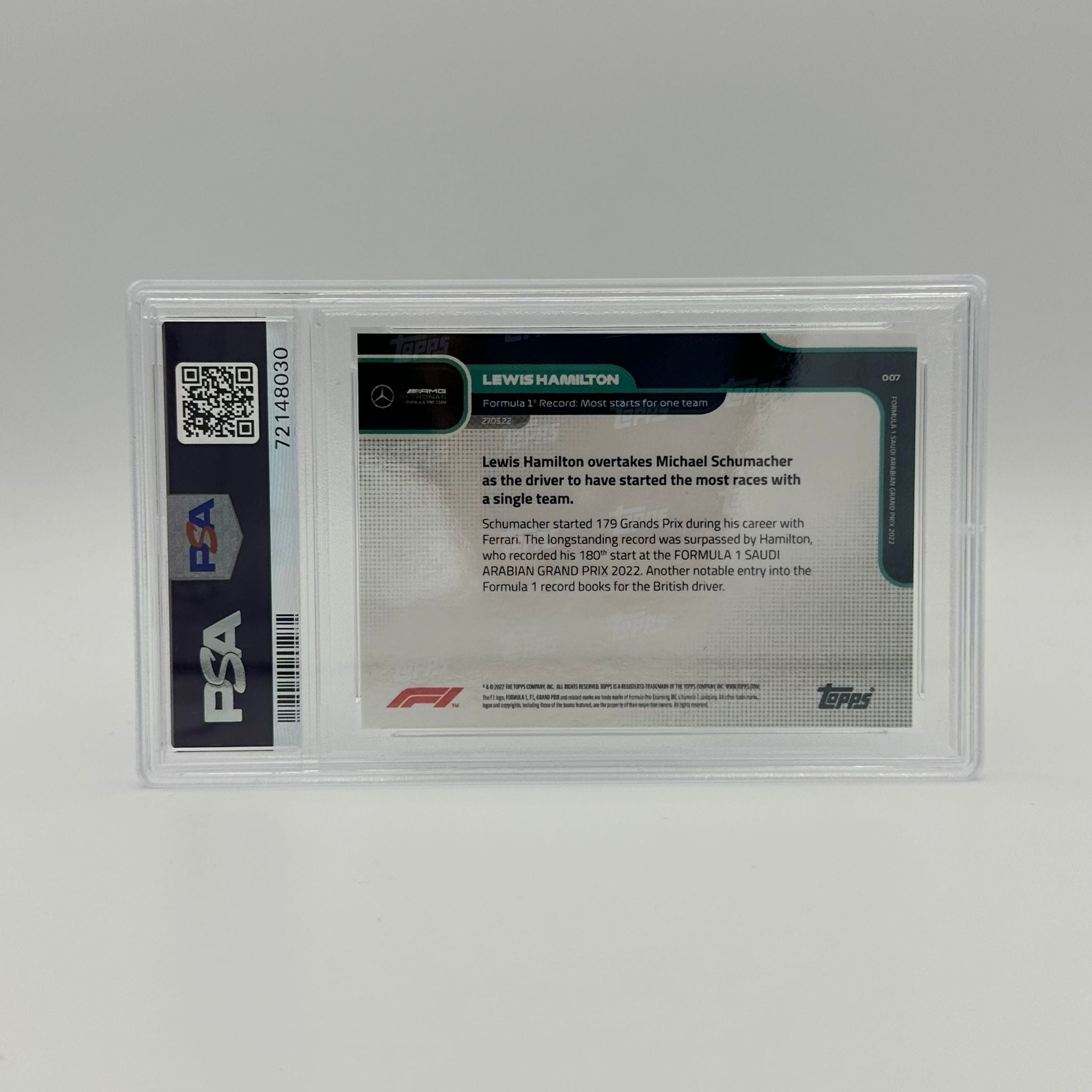 PSA 9 Graded 169/180 Lewis Hamilton F1 Racing Card - Most Starts For One Team #7 - Perfect for F1 Collectors & Motorsport Memorabilia Enthusiasts