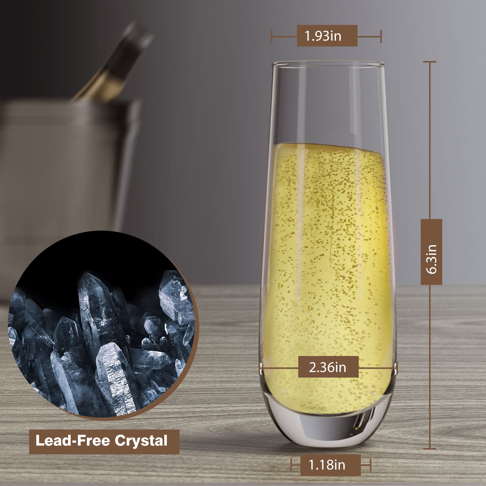 Premium Hand Blown Crystal Stemless Champagne Flutes Set of 4 - 10.2oz Elegant Prosecco, Cocktail & Mimosa Glasses for Wedding, Party & Home Bar Entertaining