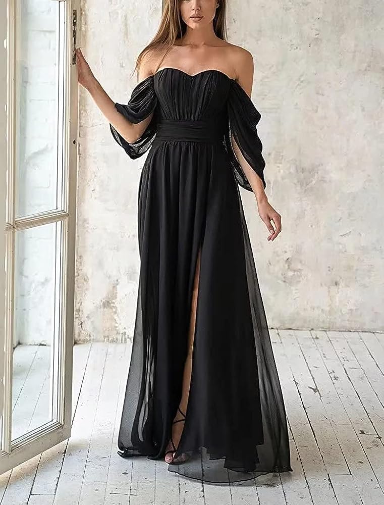 Elegant Off Shoulder Black Maxi Dress for Women - Ruched Plus Size Wedding Guest & Bridesmaid Dress (US 16W) | Perfect for Fall Weddings, Formal Events & Special Occasions