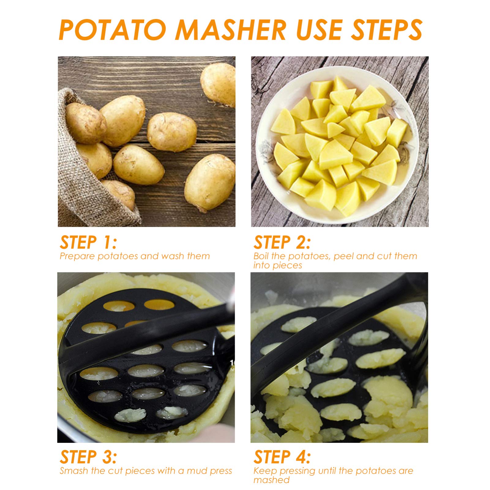 Premium Stainless Steel Potato Masher & Garlic Press - Manual Food Ricer for Potatoes, Fruits, Meat - Durable Wooden Handle & Nylon Food-Grade Tool - Perfect for Mashing, Pressing, and Cooking in Kitchens