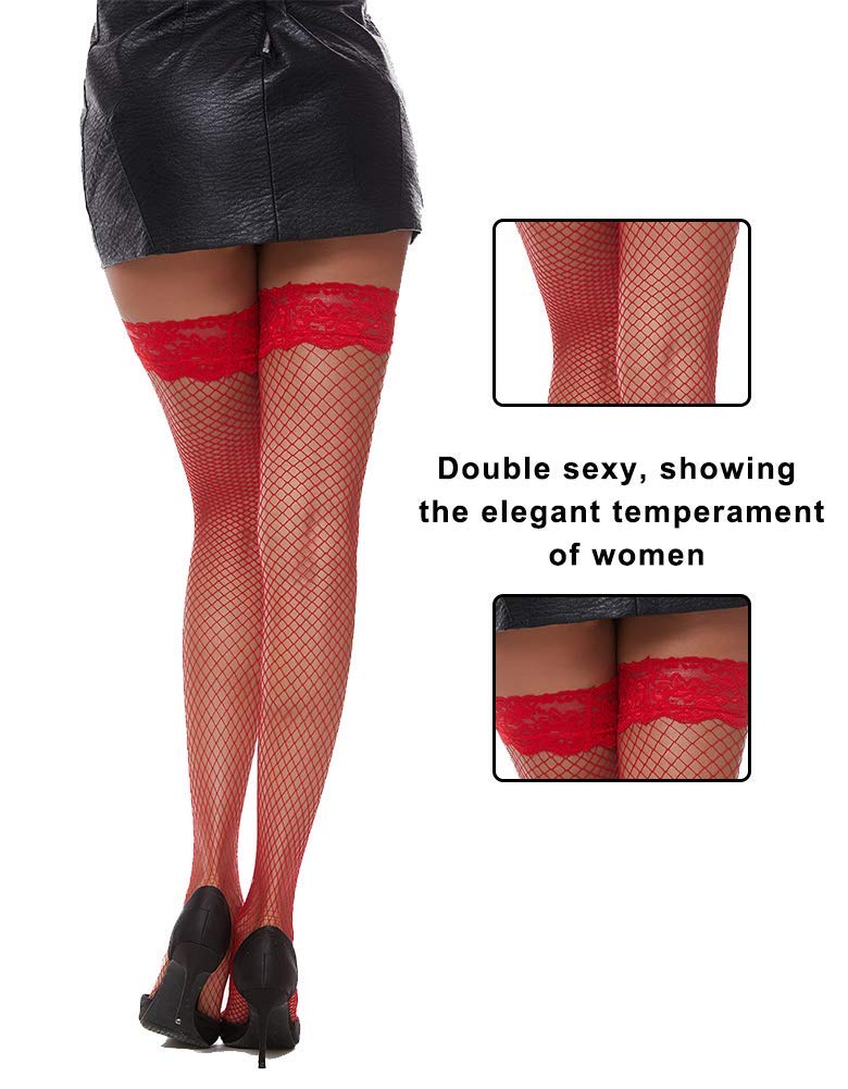 MANZI Women's Fishnet Thigh High Stockings with Silicone Lace Top - 1 Pair Sexy Stockings for Cosplay, Halloween, Boudoir & Night Out