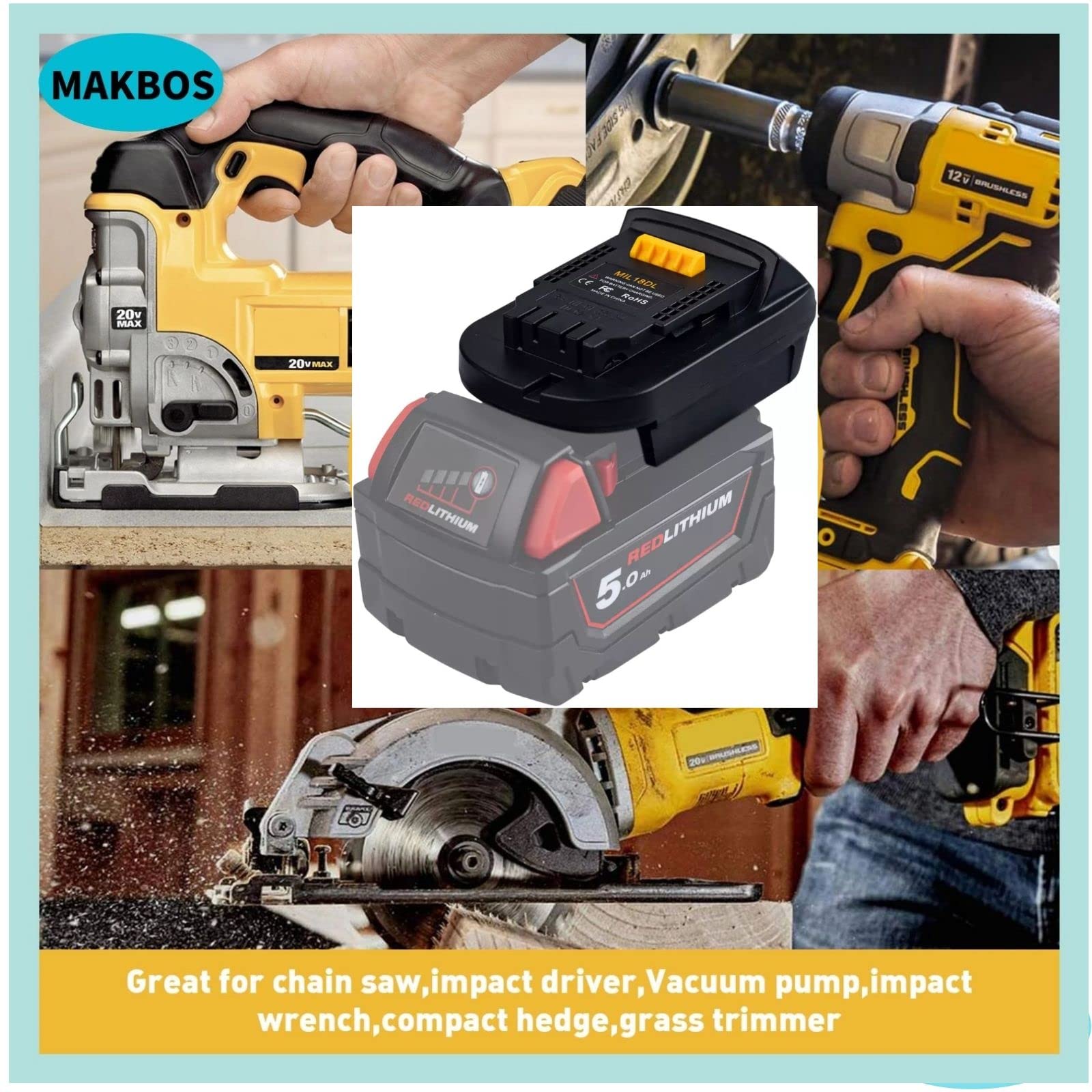 Milwaukee 18V to Dewalt 20V Battery Adapter Converter - M18 to 20V Power Tool Lithium Battery Adaptor for Drills, Saws & Other Cordless Tools