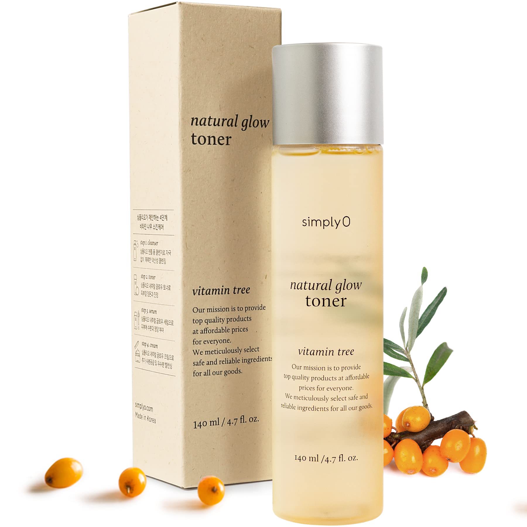 Natural Glow Facial Toner with 83% Sea Buckthorn Extract | Korean Vegan Skincare for Sensitive Skin | 4.7 fl oz | Hydrating & Brightening for Daily Routine & Night Care