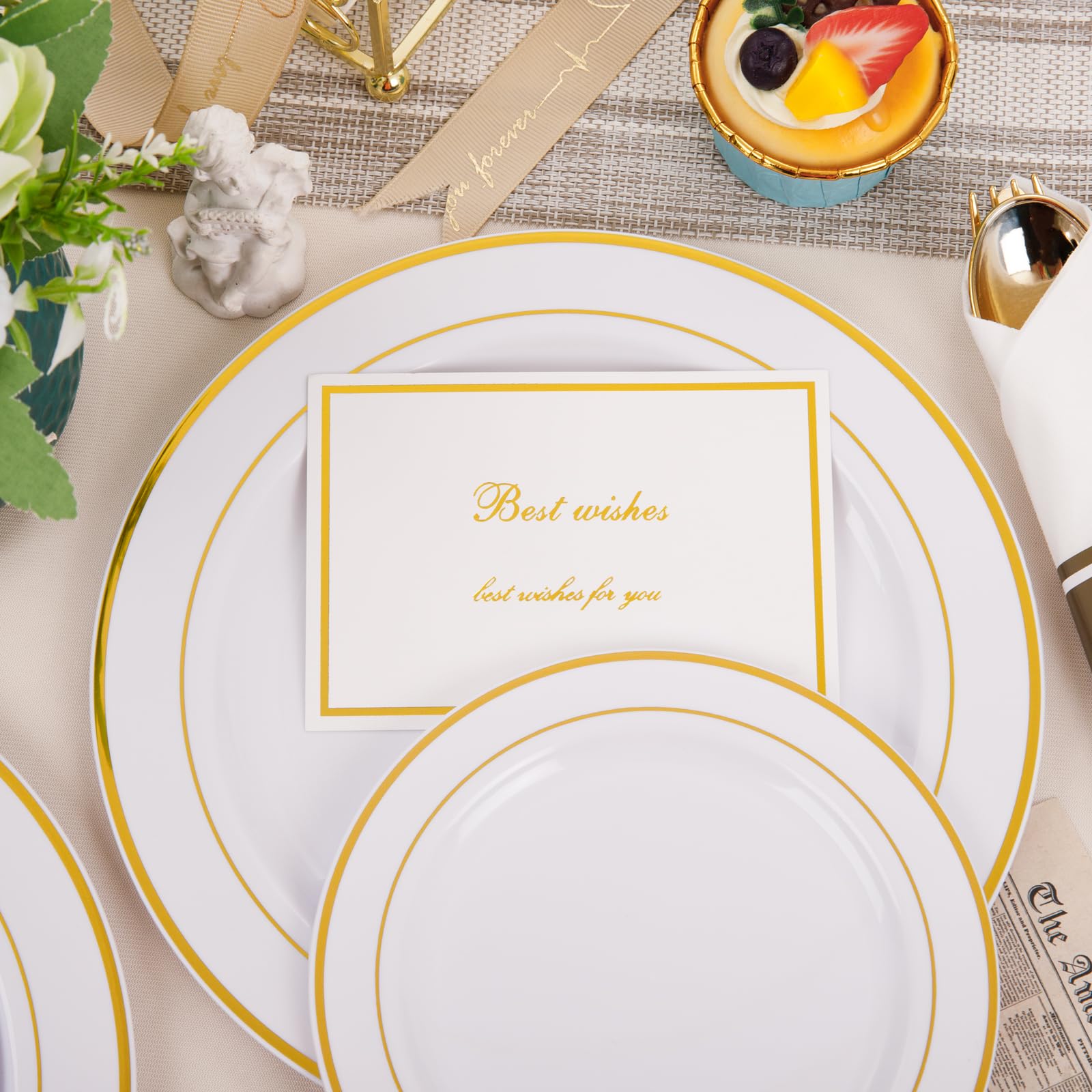 350-Piece Gold Dinnerware Set for 50 Guests - Elegant Disposable Gold Plastic Plates & Cutlery Includes 50 Dinner Plates, 50 Dessert Plates, 50 Pre-Rolled Napkins with Gold Silverware - Perfect for Weddings, Parties, Banquets & Special Events