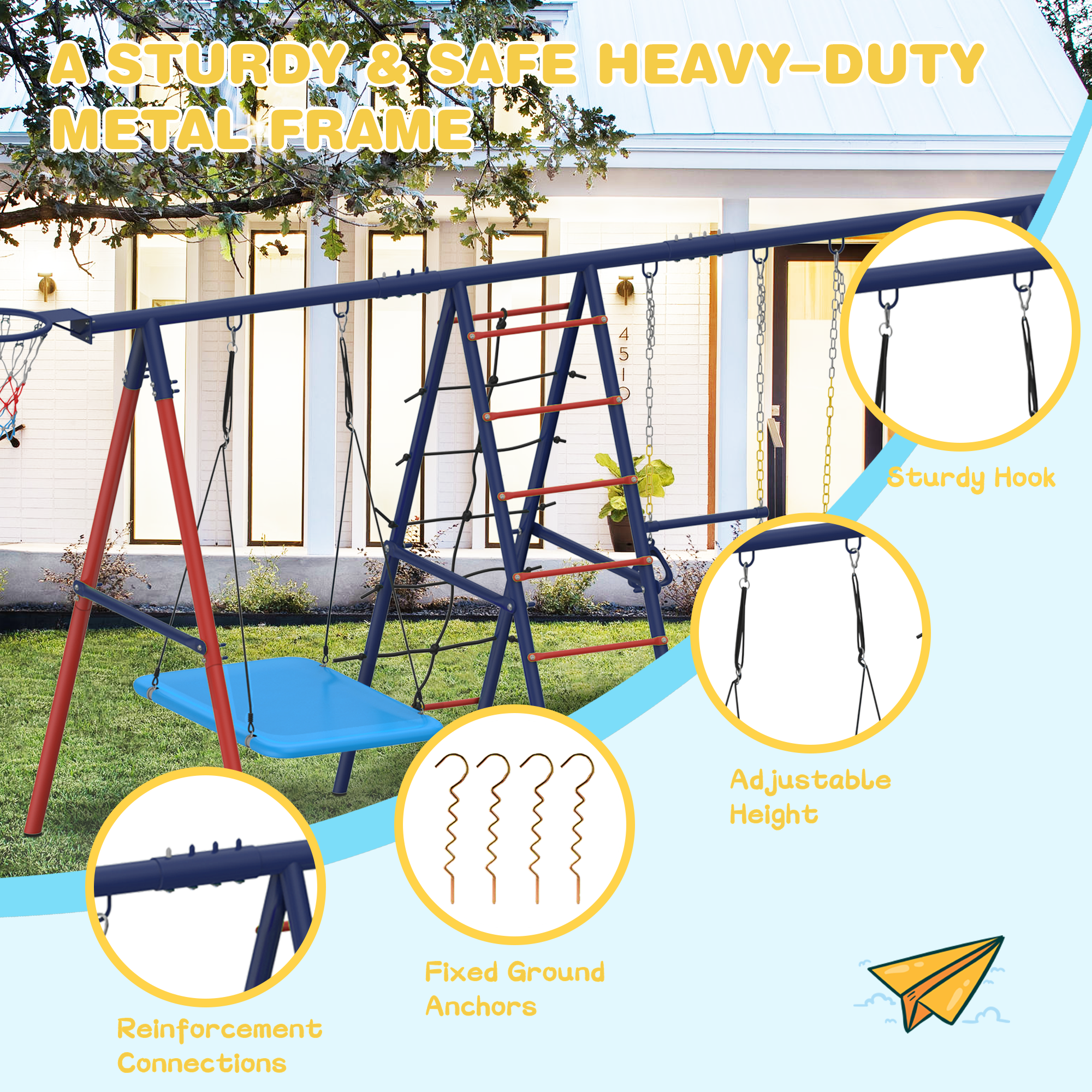 EROMMY 5-in-1 Lifetime Swing Set with Square Swing, Belt Swing, Climbing Ladder, Basketball Hoop & Hanging Rings - 440 lbs Weight Capacity - Perfect for Backyard Playground, Kids Outdoor Activities & Family Fun