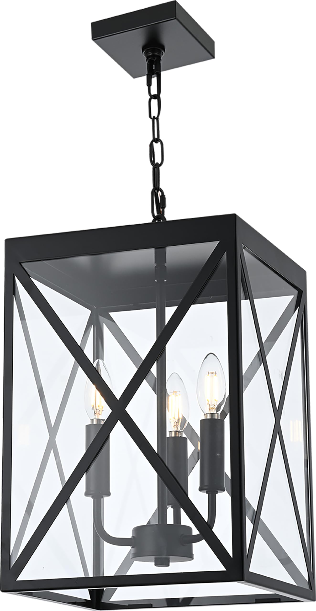MELUCEE 3-Light Black Outdoor Chandelier with Clear Glass - Indoor/Outdoor Hanging Lantern Pendant Light for Patio, Porch, Entryway, Dining Room & Foyer - Weather-Resistant Ceiling Fixture for Elegant Home Decor
