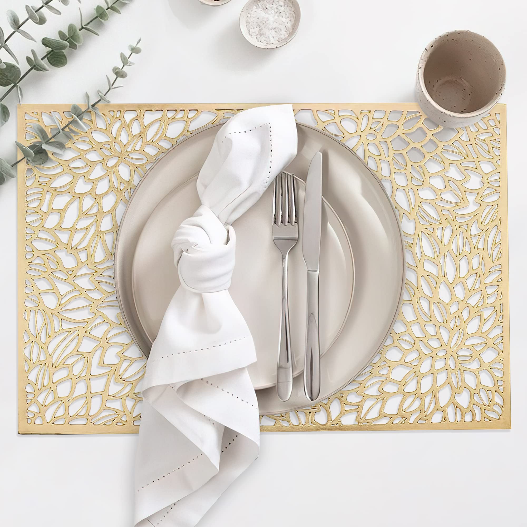 WARMTONE Gold Vinyl Placemats Set of 6 - Wipeable & Washable Modern Dining Table Mats for Coffee Bar, Kitchen, and Home Decor - Perfect for Everyday Use, Dinner Parties, and Entertaining Guests
