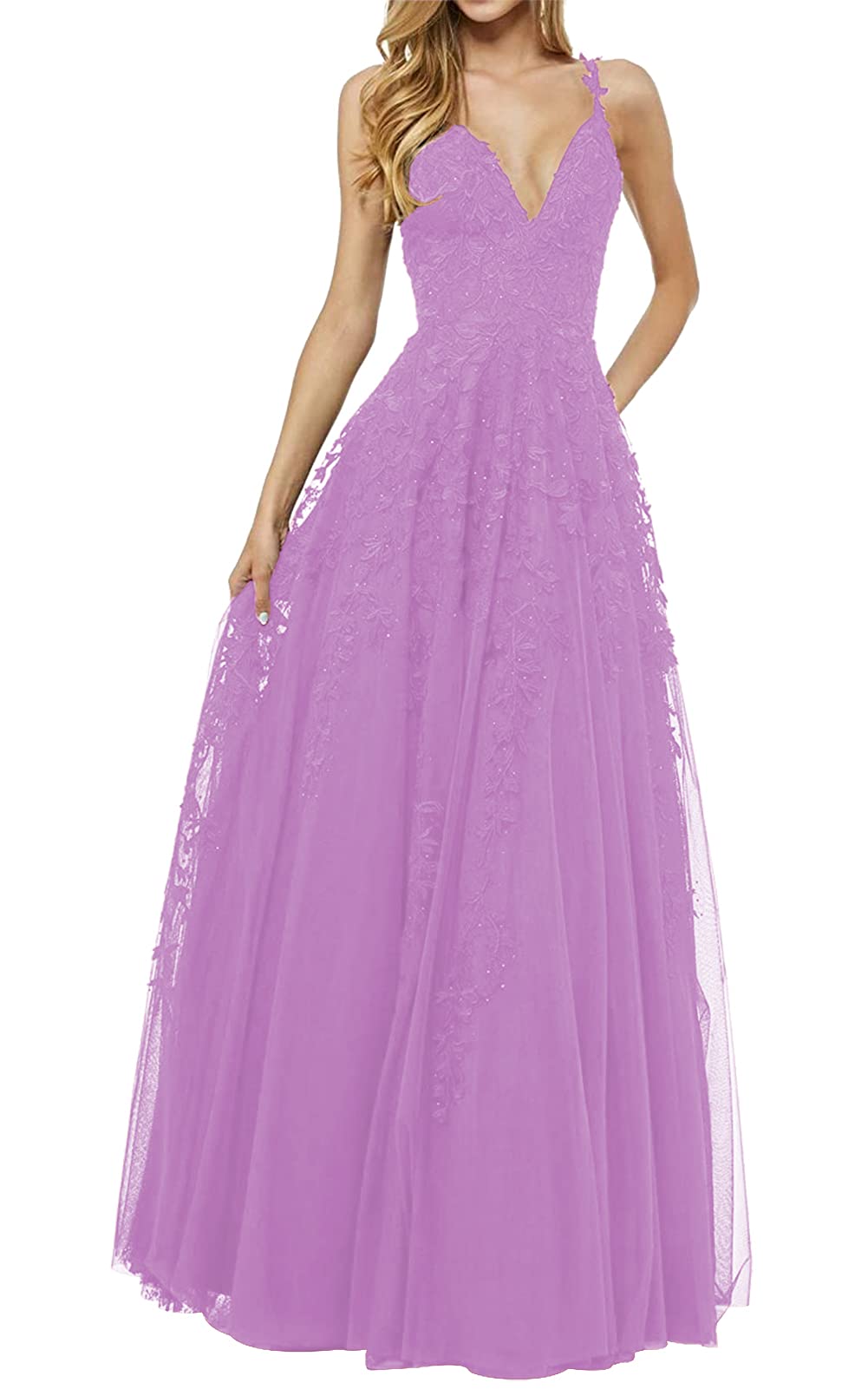 Elegant Long Lace Prom Dresses for Women - A-Line Formal Evening Gowns with Tulle Skirt for Homecoming, Wedding, and Special Occasions