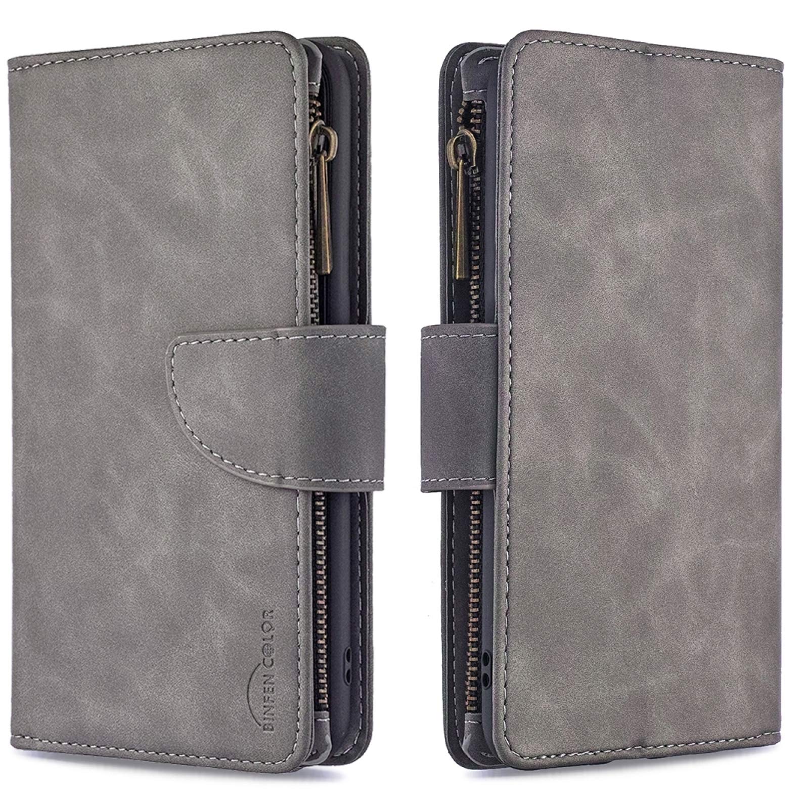 XIAOMIN Magnetic PU Leather Case for Samsung Galaxy A41 - Detachable Zipper Flip Cover with Multi-Card Slots, ID Holder, Wallet & Photo Frame | Eco-Friendly Grey Phone Case for Work, Travel & Daily Use