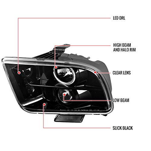 Ford Mustang 2005-2009 LED Halo Projector Headlights - Pearl Black - Pair - Upgrade Your Ride for Night Driving & Car Shows