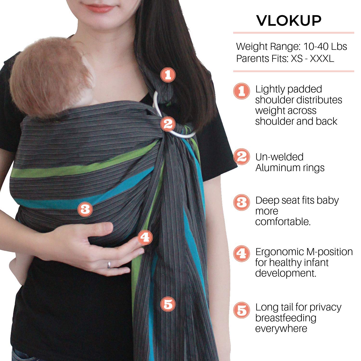Soft Cotton Ring Sling Baby Carrier - Newborn to Toddler Wrap for Plus Size Parents | Adjustable & Ergonomic Infant Sling | Ideal Baby Shower Gift (Black) | Perfect for Hands-Free Parenting, Shopping & Outdoor Adventures