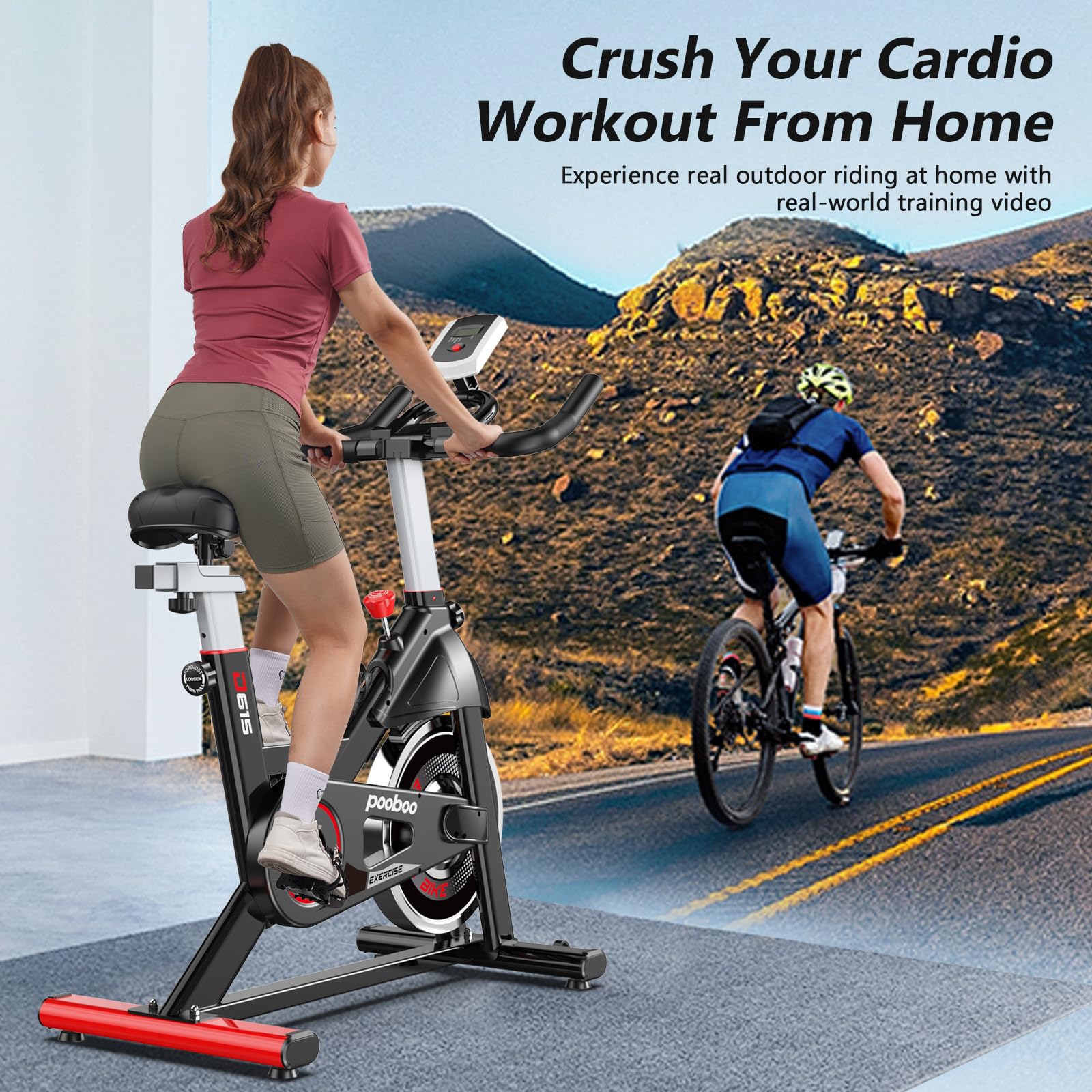 POOBOO Stationary Exercise Bike for Home Gym - Indoor Cycling Bike with Comfortable Seat Cushion & Tablet Holder - Silent Belt Drive Cardio Workout Bike for Weight Loss & Fitness Training - Perfect for Home Office, Apartment & Small Spaces