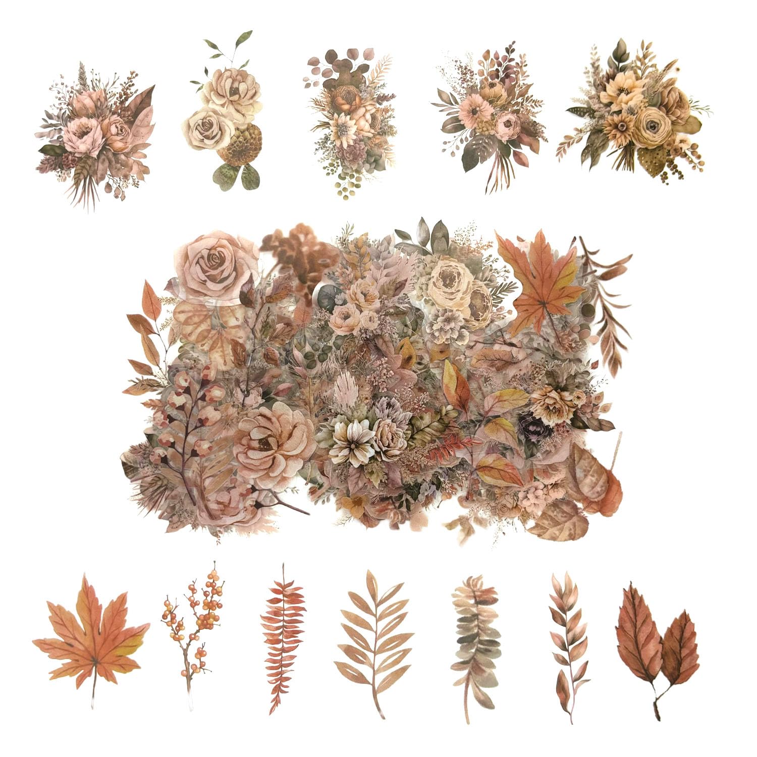 Autumn Flower Stickers 100pcs - Scrapbooking, DIY Crafts for Journals & Planners