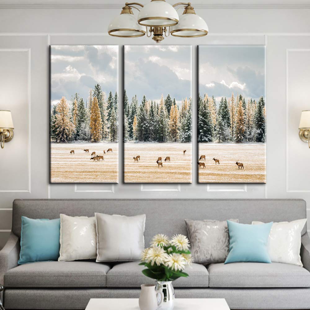 Rustic 3-Panel Canvas Wall Art - Wild Elk Grazing in Snowy Field Landscape Painting, Modern Framed Giclee Print for Living Room Decor (40x60 inches) | Ready to Hang Home Artwork for Cabin, Lodge & Western Style Interior Design