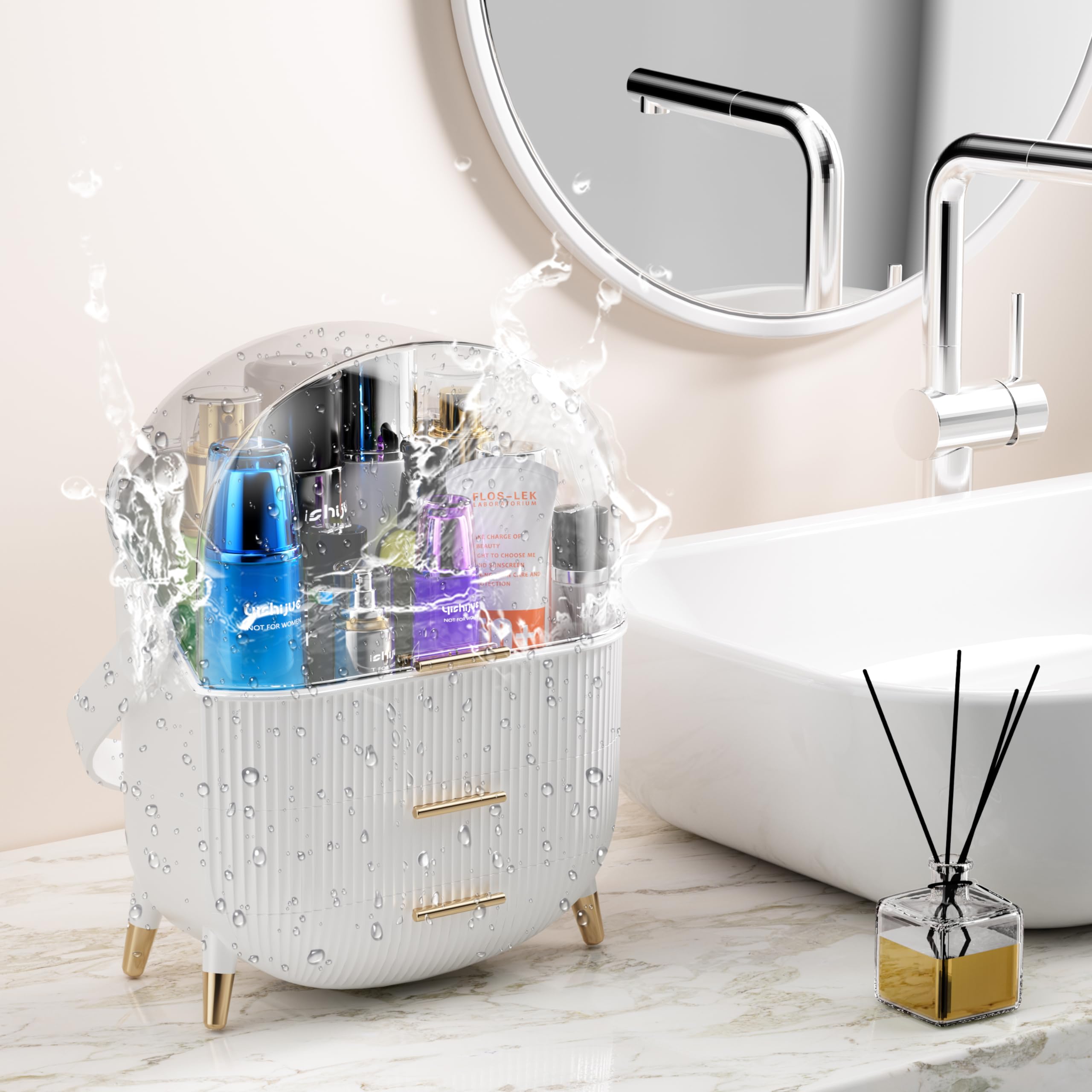 Oval Makeup Storage Box - Portable Vanity Cosmetics Organizer with Preppy Style for Countertop (White) | Perfect for Bedroom, Bathroom & Travel Beauty Organization
