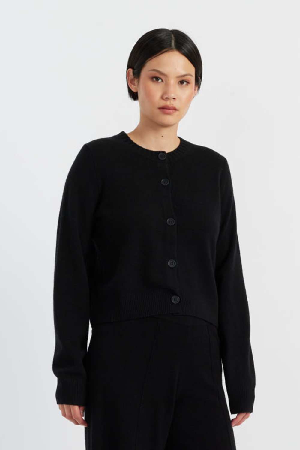 Premium Black Wool Cashmere Crew Neck Cardigan for Women - Soft & Warm Winter Sweater for Office, Travel & Casual Wear