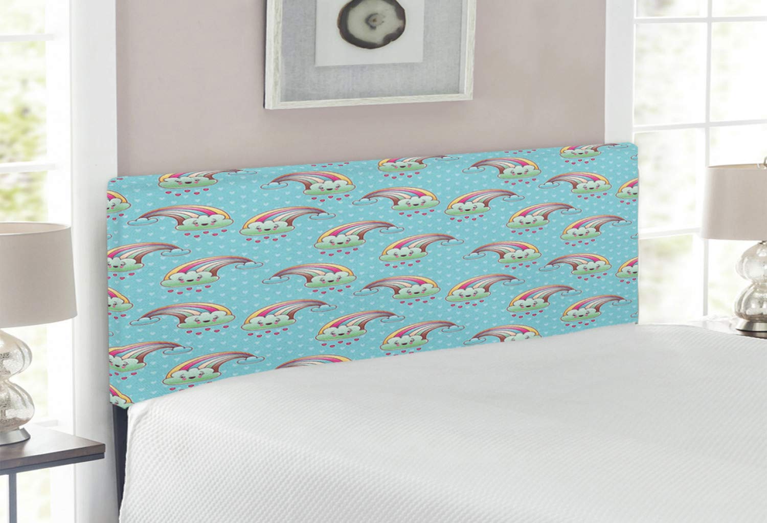 Ambesonne Anime Headboard - Cartoon Rainbow Clouds with Smiling Faces on Pale Blue Background with Hearts, Upholstered Decorative Metal Bed Frame with Memory Foam - Full Size Multicolor Bed Headboard for Kids Room & Anime Lover's Bedroom Decor