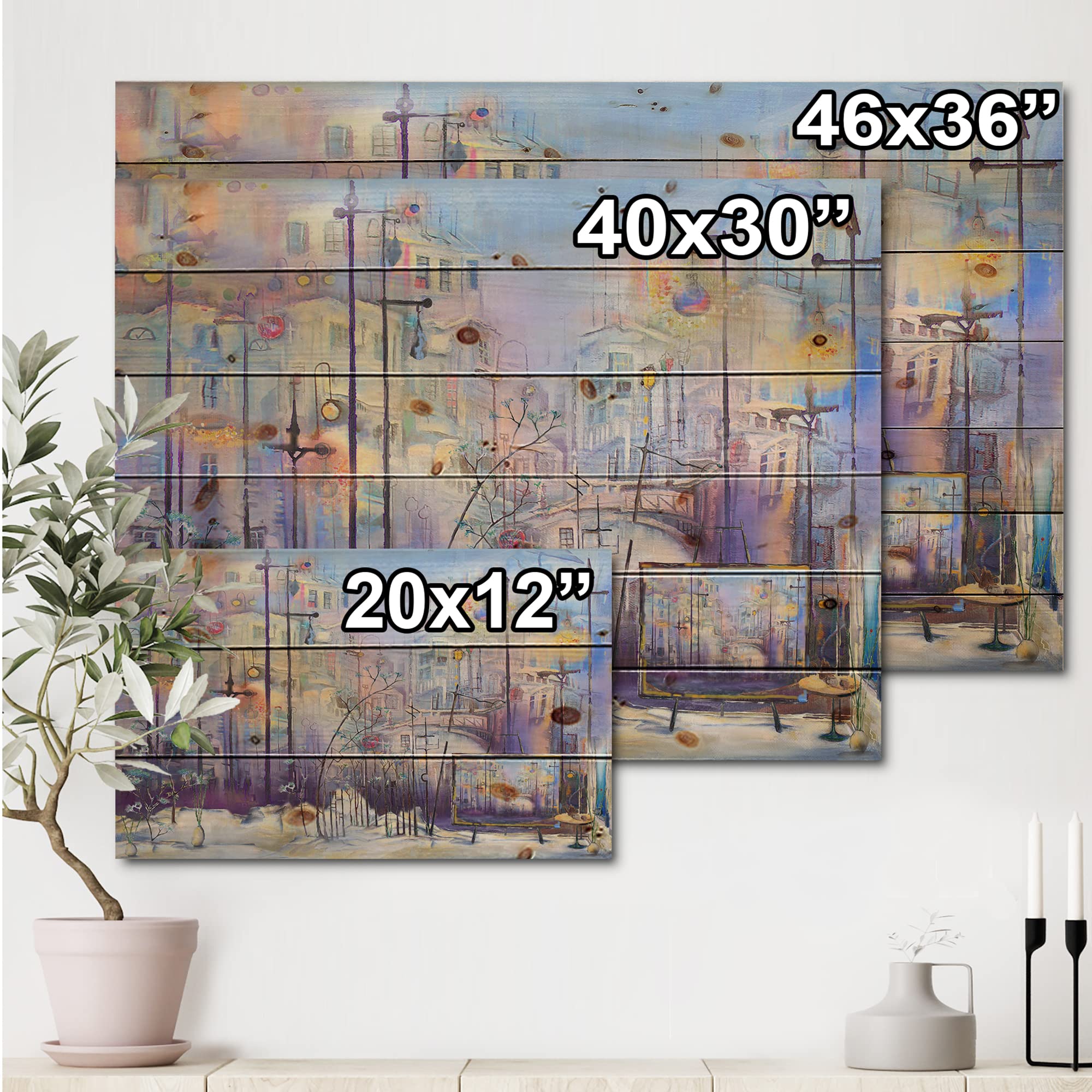Abstract Pastel Cityscape Modern & Contemporary Wood Wall Art - Purple Landscape Wood Panel Decor Printed on Natural Pine - Perfect for Living Room, Bedroom & Office Wall Decor