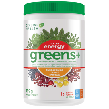 Genuine Health Greens+ Extra Energy Superfood Powder - Natural Orange Flavor, 15 Servings (199g) for Daily Detox & Immune Boost - Perfect for Smoothies, Juices & Healthy Lifestyles