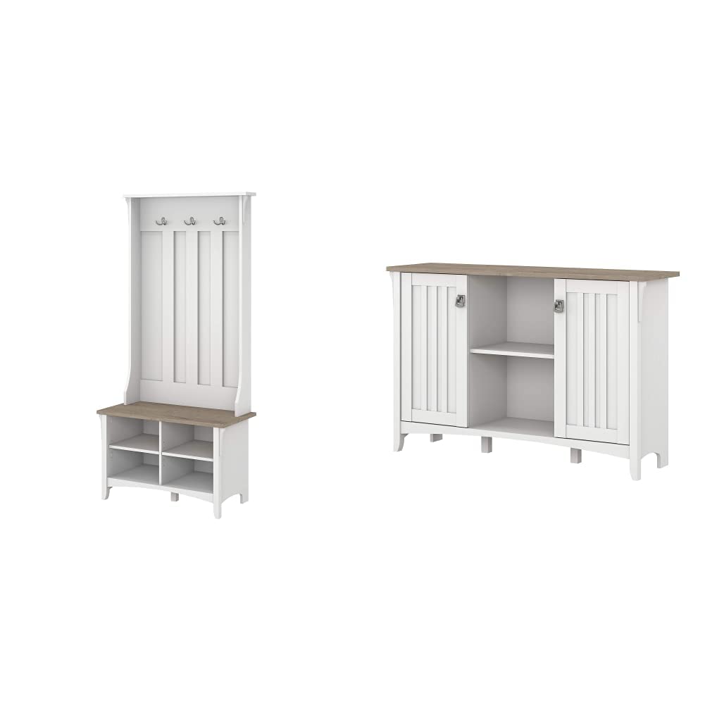Bush Furniture Salinas Hall Tree with Shoe Storage Bench & Accent Cabinet - Pure White and Shiplap Gray | Entryway Organizer for Coats, Shoes, and Home Decor | Perfect for Mudroom, Foyer, or Bedroom Storage