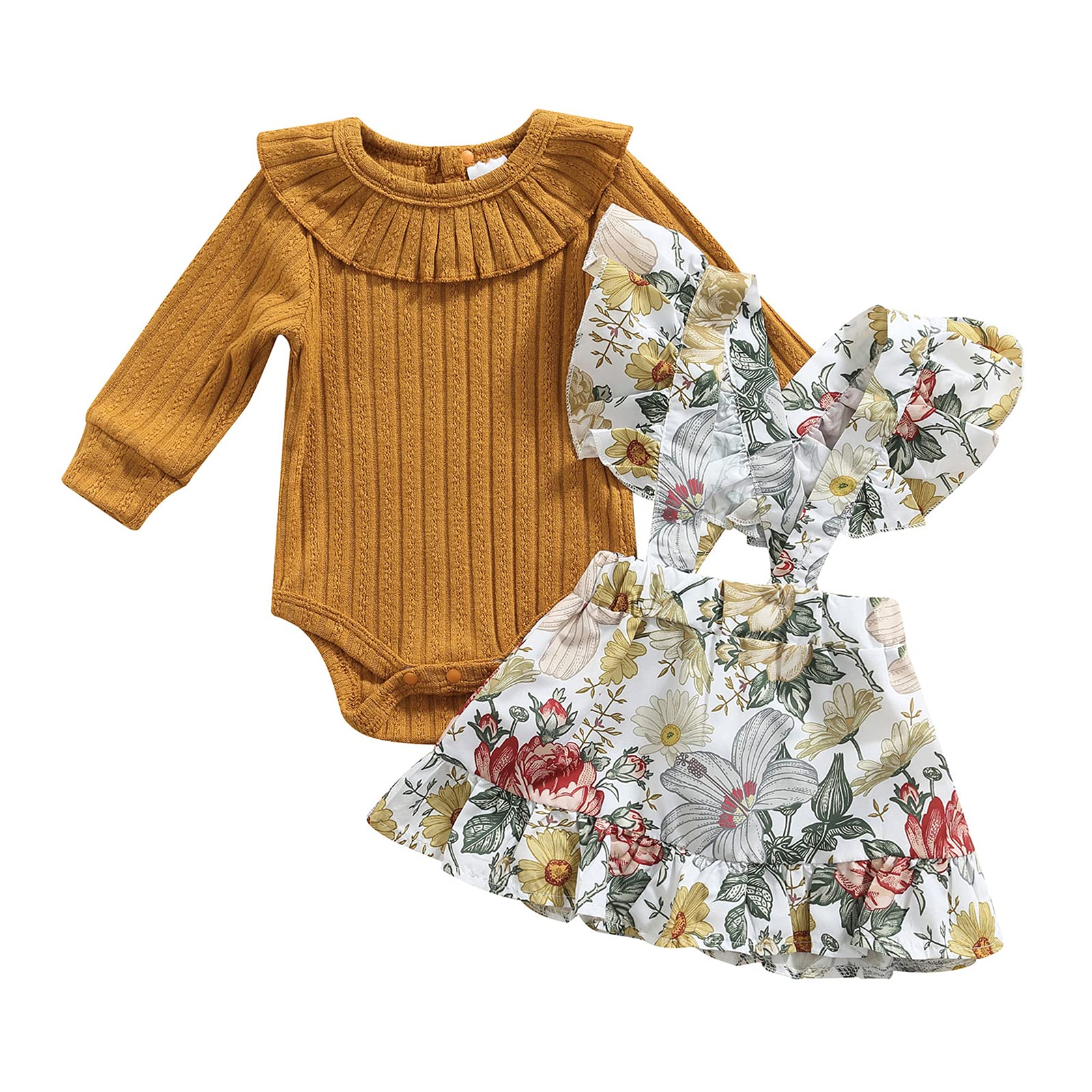 Newborn Baby Girl Clothes Set - Floral Ruffle Long Sleeve Romper with Suspenders & Skirt | Fall Outfits for Infants | Perfect for Photo Shoots, Parties & Special Occasions