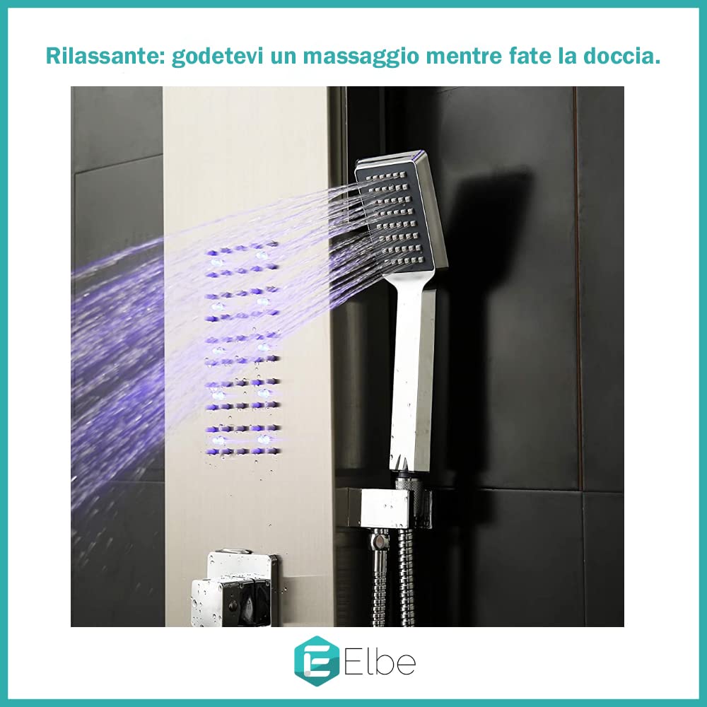 Elbe LED Shower Panel - 304 Stainless Steel Shower Column with 4-Function Hydromassage Mixer Tap & Hand Shower - Easy Installation for Modern Bathroom Upgrade - Perfect for Spa-Like Relaxation and Daily Shower Experience