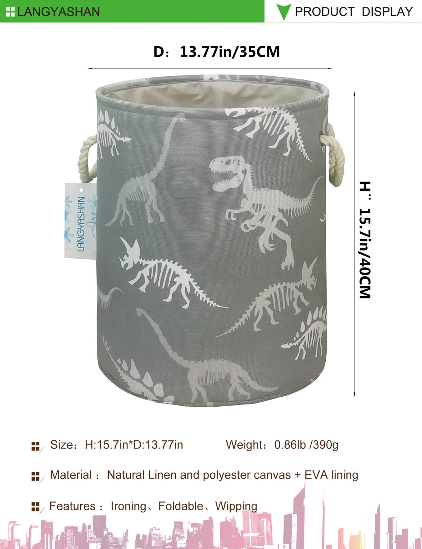 Collapsible Canvas Laundry Basket with Gray Dinosaur Print - Foldable Storage Organizer for Kids Room, Nursery, or Playroom - Perfect for Boys & Girls Clothes, Toys, and Nursery Organization