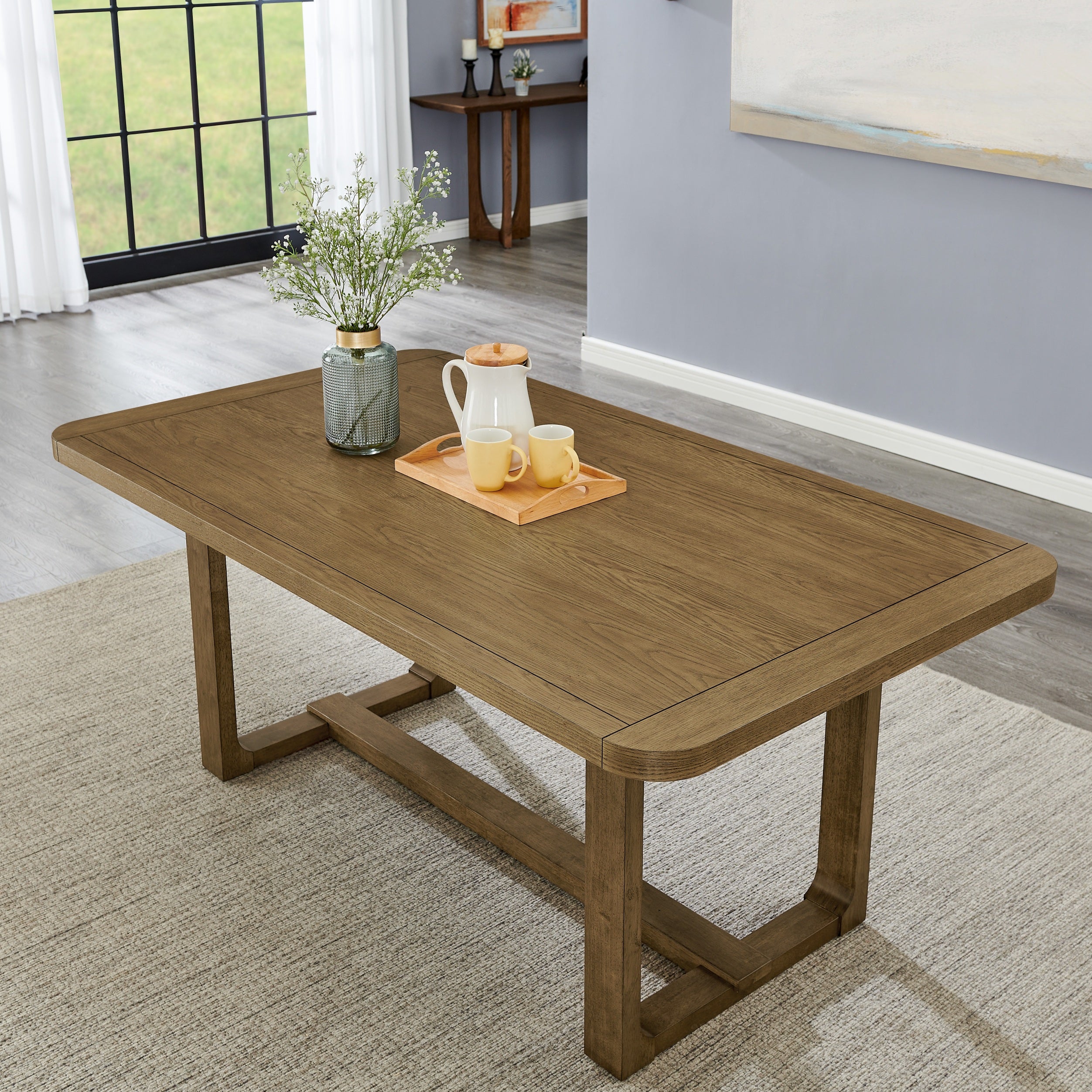 Roundhill Furniture Parker 7-Piece Dining Set - Light Oak Trestle Table with 6 Upholstered Chairs | Perfect for Family Dinners, Entertaining Guests & Kitchen Dining Rooms