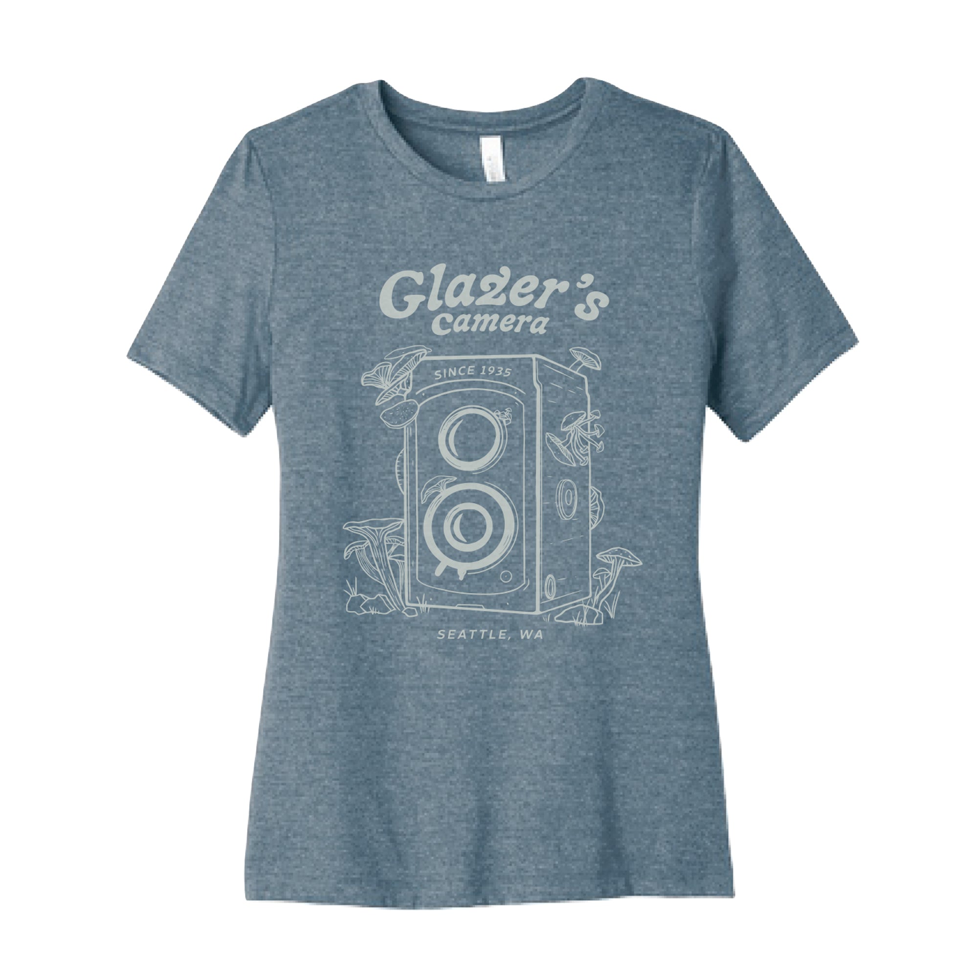 Glazer's Mushroom Camera Graphic T-Shirt for Women - Heather Slate, Small | Cute Casual Tee for Photography Lovers, Streetwear & Everyday Outfits