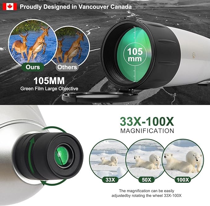 Fetch Falcon Spotting Scope 33-100X100 FMC HD BAK4 - Long Range Waterproof Telescope with Metal Tripod, Carry Case & Phone Adapter for Bird Watching, Hunting, Target Shooting & Outdoor Observation
