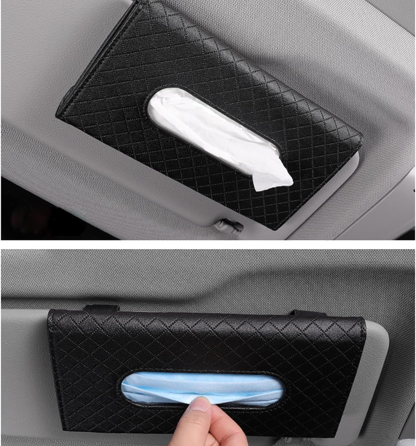 Black PU Leather Car Sun Visor Tissue Box Holder - Hanging Napkin & Mask Organizer for Vehicles | Perfect Car Accessory Gift Idea | Keep Tissues Handy While Driving